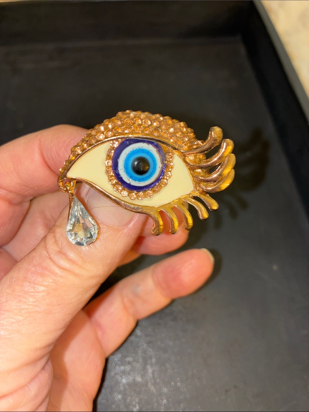 Gold-Tone Blue Evil Eye Brooch with Crystal Tear And Gold Crystal Eye Shadow